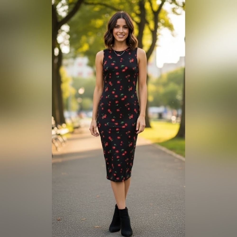 Ultra Flirt Black Dress with Red Cherry Print